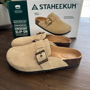 Staheekum Women's Crescent Buckle Slip-On Clog in Tan Size 6